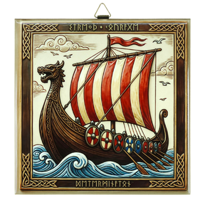 Ceramic tile showing a stylized Viking longship with a dragon head prow, red-and-white sails, visible runes, shields along the side, and waves beneath.
