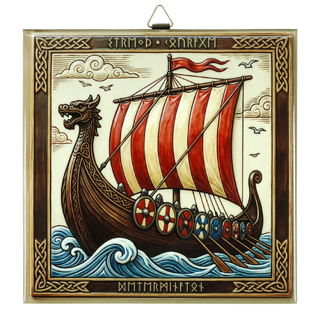 Ceramic tile showing a stylized Viking longship with a dragon head prow, red-and-white sails, visible runes, shields along the side, and waves beneath.