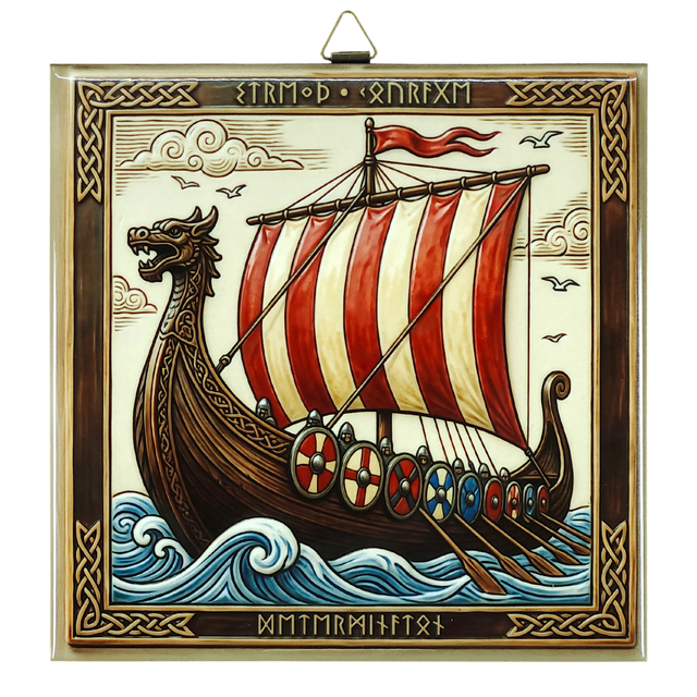 Ceramic tile showing a stylized Viking longship with a dragon head prow, red-and-white sails, visible runes, shields along the side, and waves beneath.