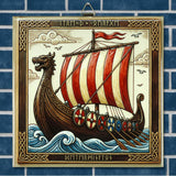 Ceramic tile featuring a Viking longship with red and white sails, shields along the side, visible runes, and decorative knot borders.