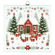 Red house with snow, trees, gifts, gnome, reindeer, and Dala horse tile designs surrounded by snowflakes and stars.