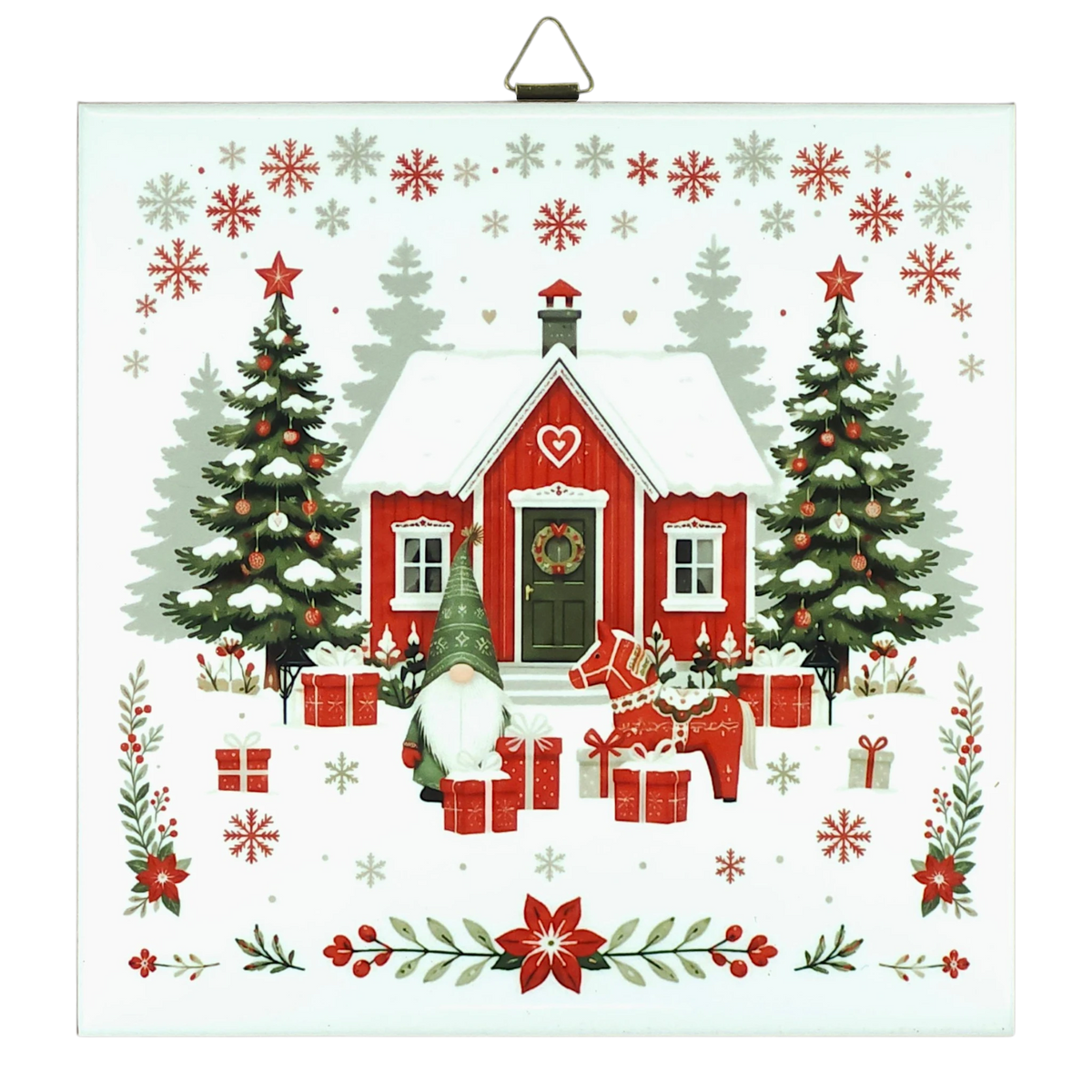 Red house with snow, trees, gifts, gnome, reindeer, and Dala horse tile designs surrounded by snowflakes and stars.