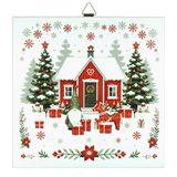 Red house with snow, trees, gifts, gnome, reindeer, and Dala horse tile designs surrounded by snowflakes and stars.