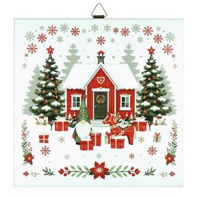 Red house with snow, trees, gifts, gnome, reindeer, and Dala horse tile designs surrounded by snowflakes and stars.
