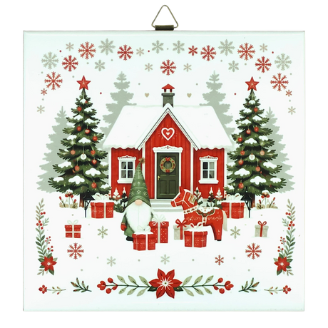 Red house with snow, trees, gifts, gnome, reindeer, and Dala horse tile designs surrounded by snowflakes and stars.