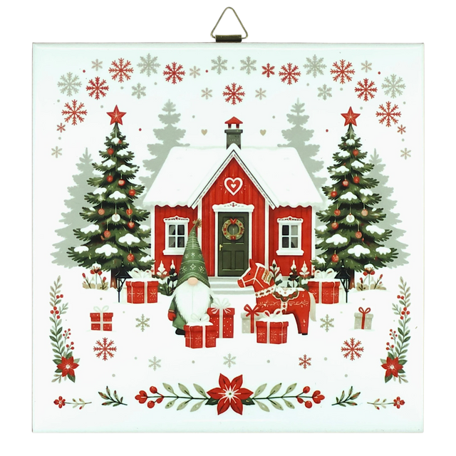 Red house with snow, trees, gifts, gnome, reindeer, and Dala horse tile designs surrounded by snowflakes and stars.