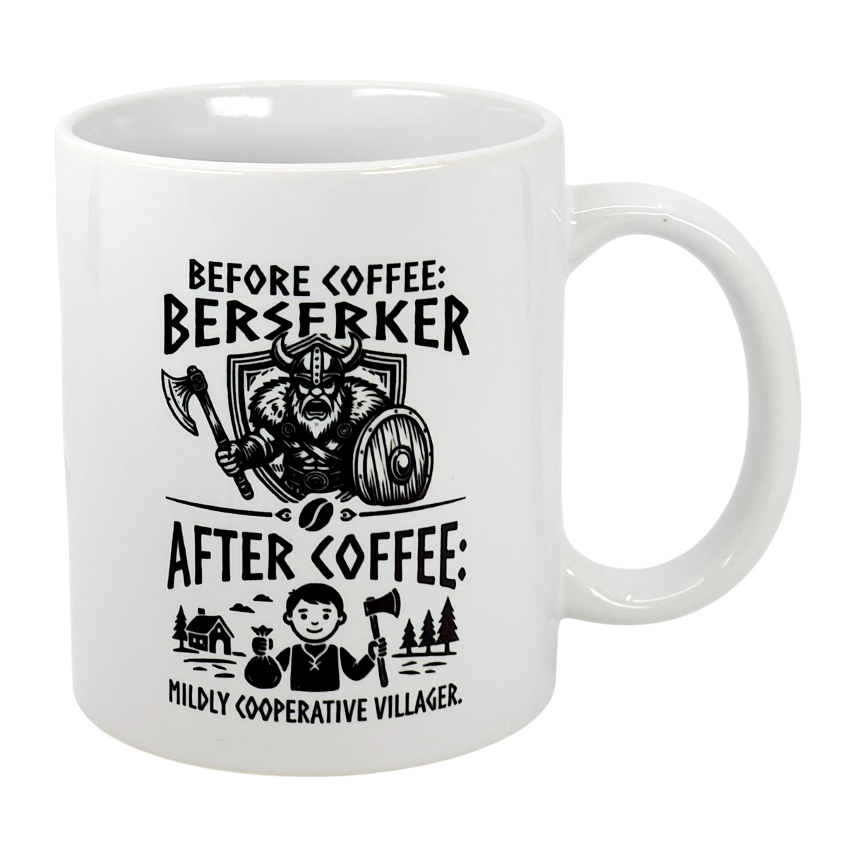 The Swedish Gift Store’s Mug: Viking Berserker Before Coffee Ceramic Mug (11 oz) features Nordic humor—before coffee, a berserker warrior; after, a cooperative villager—making your morning routine fun.