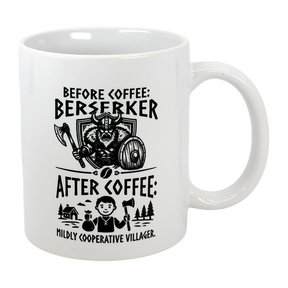 The Swedish Gift Store’s Mug: Viking Berserker Before Coffee Ceramic Mug (11 oz) features Nordic humor—before coffee, a berserker warrior; after, a cooperative villager—making your morning routine fun.
