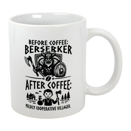 The Swedish Gift Store’s Mug: Viking Berserker Before Coffee Ceramic Mug (11 oz) features Nordic humor—before coffee, a berserker warrior; after, a cooperative villager—making your morning routine fun.