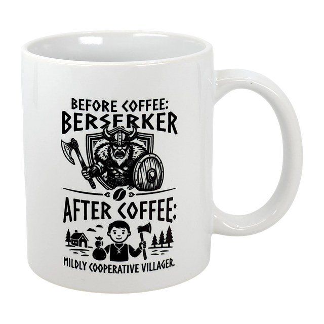 The Swedish Gift Store’s Mug: Viking Berserker Before Coffee Ceramic Mug (11 oz) features Nordic humor—before coffee, a berserker warrior; after, a cooperative villager—making your morning routine fun.