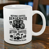 The Swedish Gift Store's 11 oz Viking Berserker Before Coffee Ceramic Mug humorously shows a fierce Viking "Before coffee" and a "Mildly cooperative villager" after, perfect for adding Nordic flair to your morning routine.