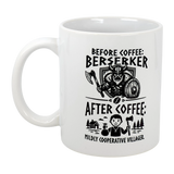 The Mug: Viking Berserker Before Coffee Ceramic Mug (11 oz) from Swedish Gift Store features black Viking illustrations showing a berserker before coffee and a friendly villager after. A humorous gift for Nordic fans!.