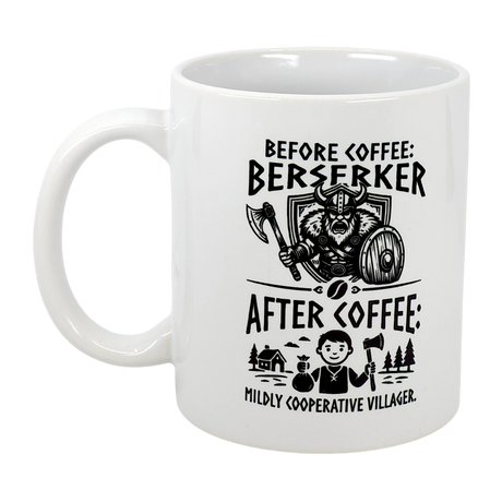 The Mug: Viking Berserker Before Coffee Ceramic Mug (11 oz) from Swedish Gift Store features black Viking illustrations showing a berserker before coffee and a friendly villager after. A humorous gift for Nordic fans!.