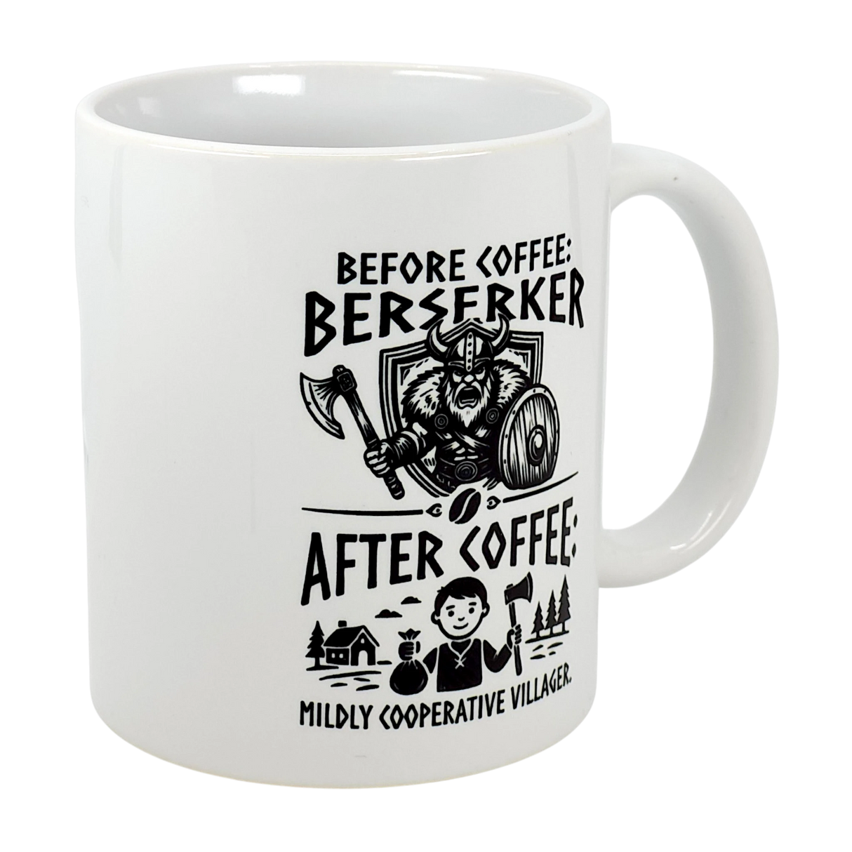 The Mug: Viking Berserker Before Coffee Ceramic Mug (11 oz) from Swedish Gift Store features black Nordic art: a fierce berserker before coffee, a cheerful villager after. Add humor to your routine with this unique mug!.