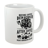 The Mug: Viking Berserker Before Coffee Ceramic Mug (11 oz) from Swedish Gift Store features black Nordic art: a fierce berserker before coffee, a cheerful villager after. Add humor to your routine with this unique mug!.