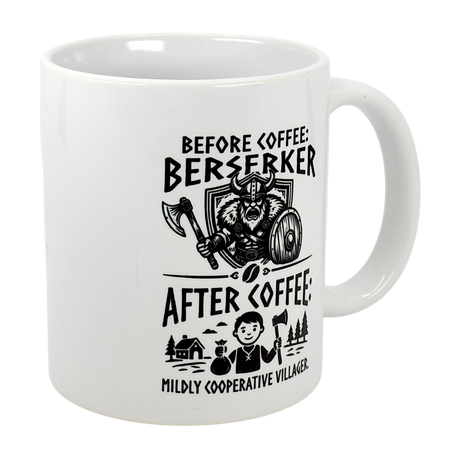 The Mug: Viking Berserker Before Coffee Ceramic Mug (11 oz) from Swedish Gift Store features black Nordic art: a fierce berserker before coffee, a cheerful villager after. Add humor to your routine with this unique mug!.