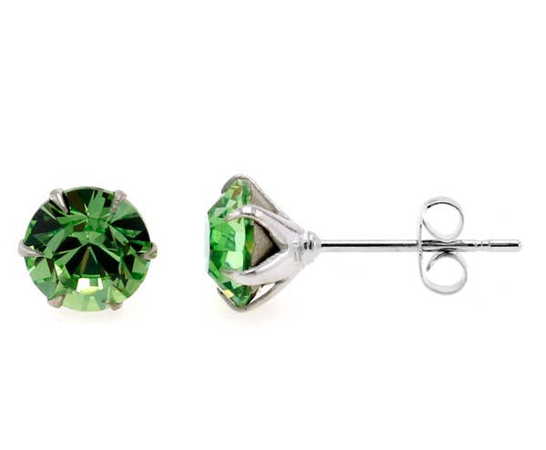 The August Peridot Sparkling Speck Swarovski® Crystal Stud Earrings feature round green crystals in silver prong settings, perfect for everyday elegance.