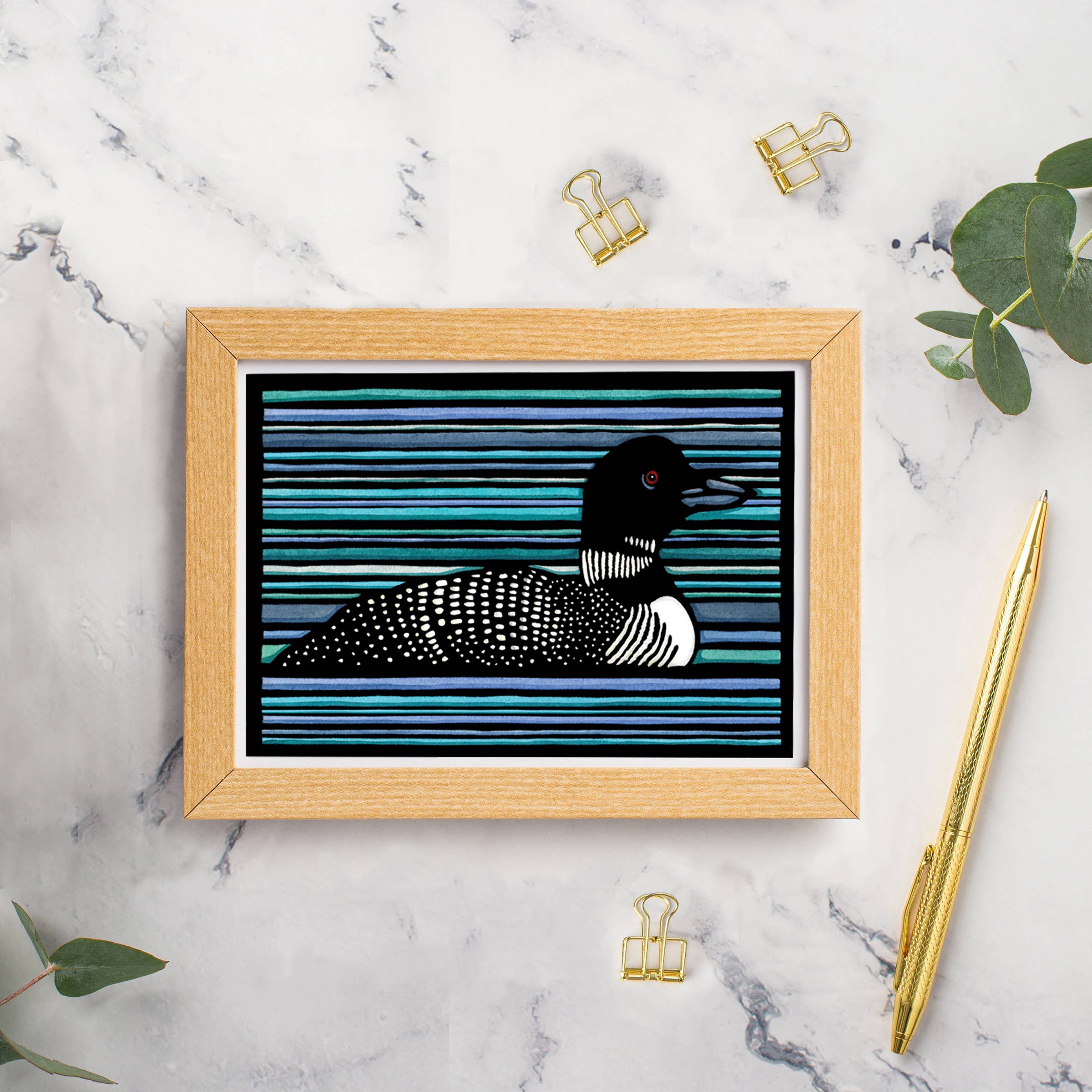 The Card: Loon 5x7 Greeting Card with Envelope Blank Inside from Sarah Angst Art features a loon on a blue striped background—perfect inspiration for your next handwritten note.