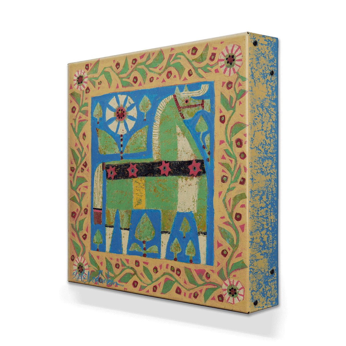 Decor: Green Dala Horse - Metal Box Art features a stylized geometric Swedish dala horse with bright colors and floral borders on an 18x18" aluminum box.