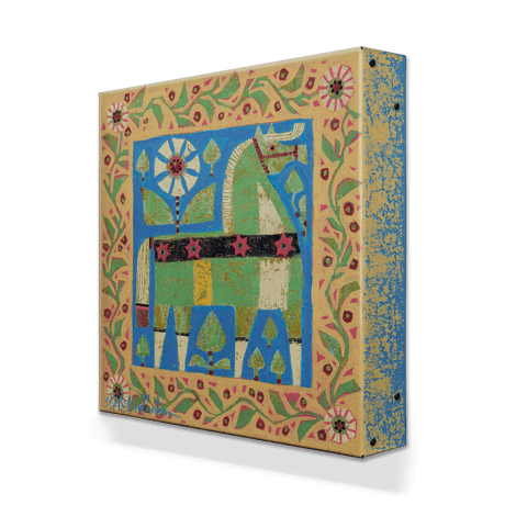 Decor: Green Dala Horse - Metal Box Art features a stylized geometric Swedish dala horse with bright colors and floral borders on an 18x18" aluminum box.