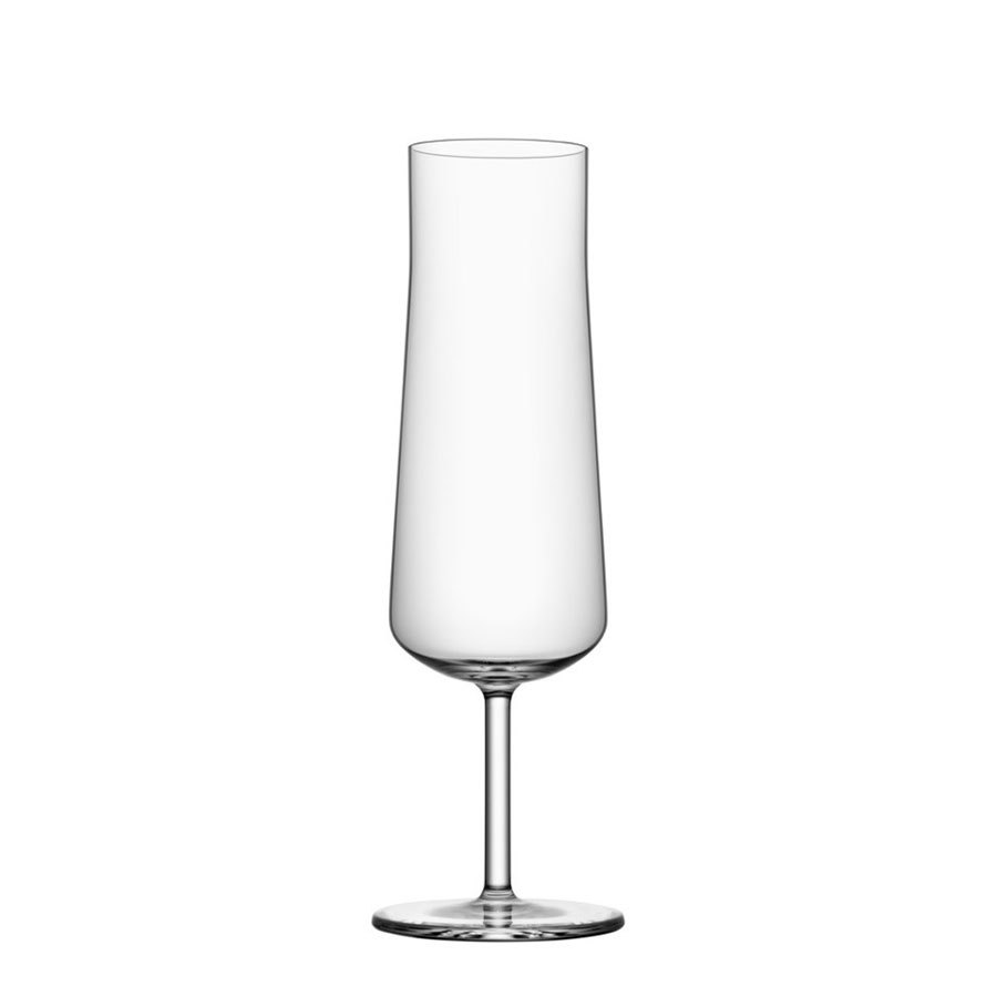 The Orrefors: Informal Champagne Glass (2-Pack) features a tall, Scandinavian design with clear glass, a slender stem, and a slightly tapered body, showcased against a plain white background.