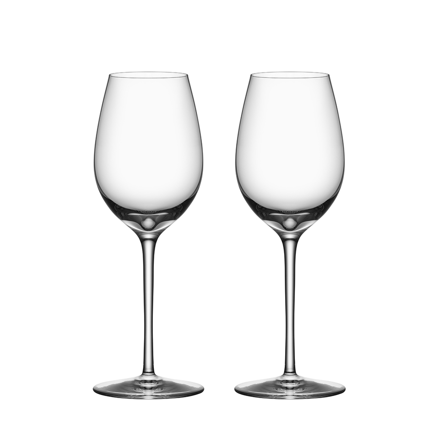 The Orrefors Premier Chardonnay Glass 10oz (2-Pack) features two elegant, handmade, mouth-blown wine glasses with long stems set against a white background.