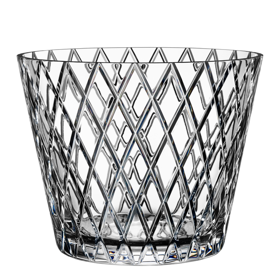 Clear glass bowl with a diamond pattern design, reminiscent of the Orrefors Chess Bowl artistry.