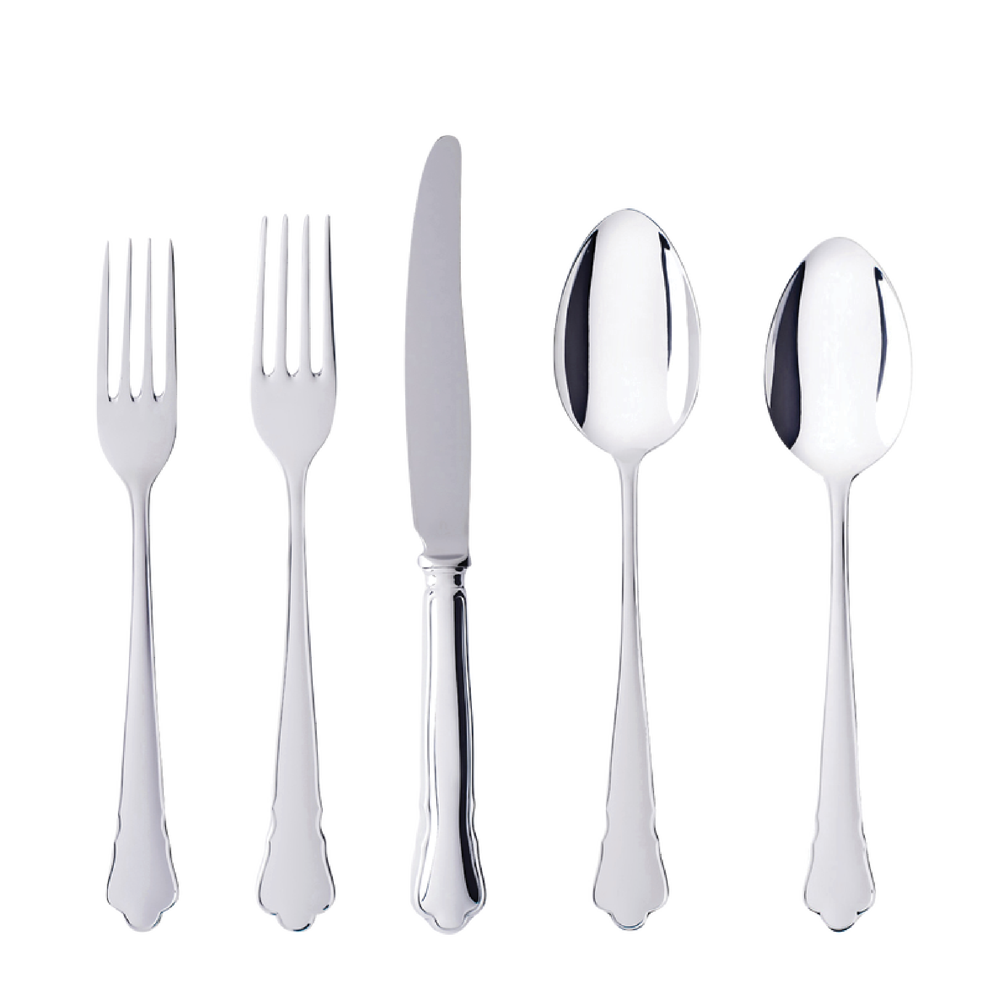 The Gense Silver Dining Set Chippendale 830 includes two forks, a knife, and two spoons elegantly displayed on a white background, perfect for infusing timeless style into your dining experience.