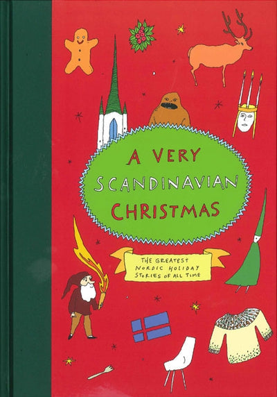 The book cover for "Very Scandinavian Christmas: The Greatest Nordic Holiday Stories of All Time" showcases holiday-themed illustrations, including a moose, gingerbread cookie, church, sweater, and Nordic flags set against a red background. This charming design embodies the essence of hygge and delightful Nordic storytelling.