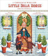 An older woman and two children smile outside a snowy house adorned with wreaths, potted trees, and a bright Dala horse in Christmas Wish for Little Dala Horse, a charming Swedish Christmas story.