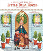 An older woman and two children smile outside a snowy house adorned with wreaths, potted trees, and a bright Dala horse in Christmas Wish for Little Dala Horse, a charming Swedish Christmas story.