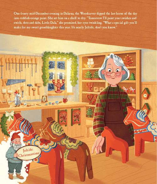 An elderly woman carves and paints Dala horses in a festive workshop, capturing the warmth of a Swedish Christmas. Text Book: Christmas Wish for Little Dala Horse appears at the top left.