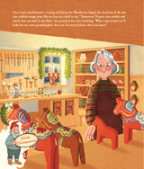 An elderly woman carves and paints Dala horses in a festive workshop, capturing the warmth of a Swedish Christmas. Text Book: Christmas Wish for Little Dala Horse appears at the top left.