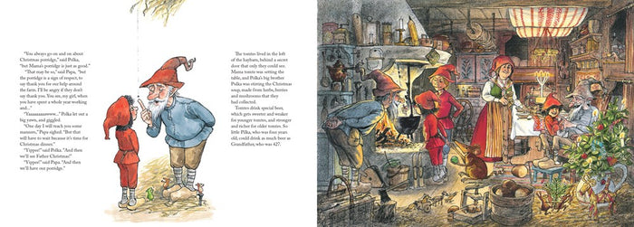 In “Tomtes' Christmas Porridge New Addition” by Sven Nordqvist, a gnome chats with a child outside in winter while inside, gnomes and a woman make Christmas porridge in a cozy kitchen, inspired by Swedish holiday tradition.