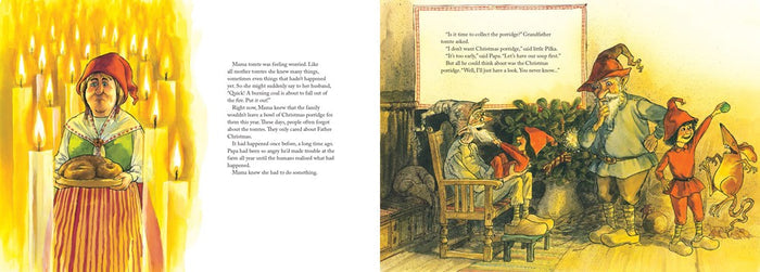 A woman in traditional dress stands by lit candles as, on the right, three lively gnomes—illustrated by Sven Nordqvist—converse with an elderly man by the fire, evoking Swedish traditions from Book: Tomtes' Christmas Porridge New Addition.