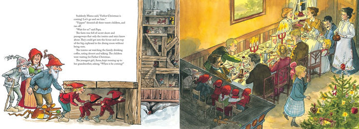 Three gnomes watch as a festive family gathers for dinner around a candle-lit table, celebrating Swedish Christmas, in "Tomtes' Christmas Porridge New Addition" by Sven Nordqvist. A decorated tree glows in the warmly lit room.