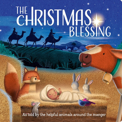 The cover of the illustrated children's book, "Book: Christmas Blessing," features a Nativity scene with three wise men on camels and animals gathered around the manger with baby Jesus.