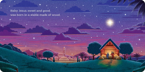 A depiction of a nativity scene similar to a children's book illustration, showcasing Baby Jesus in a wooden stable. "Book: Christmas Blessing" glows brightly while illuminating the purple mountains in the background.