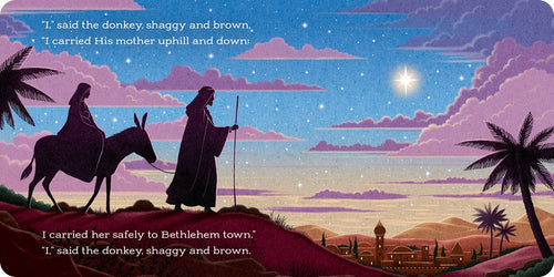 The scene of a donkey and two figures silhouetted against a starry night sky with a distant town evokes imagery from the book "Christmas Blessing," which includes a poem about bringing the Nativity blessing to Bethlehem.