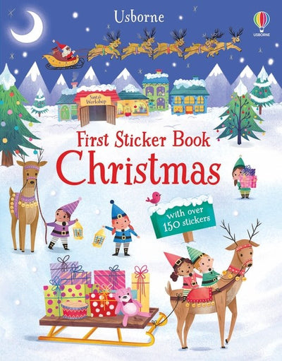 Cover of the Activity Book: First Sticker Book of Christmas Usborne showcasing Santa, reindeer, and bustling elves in a snowy workshop brimming with presents. Pixies frolic among the more than 150 included stickers!