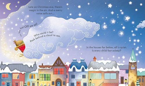 The book "Peek Inside Christmas Usborne" by Anna Milbourne depicts Santa's workshop in an interactive Christmas setting with colorful houses beneath a starry sky, as a cloud presents text about the magic of Christmas Eve.