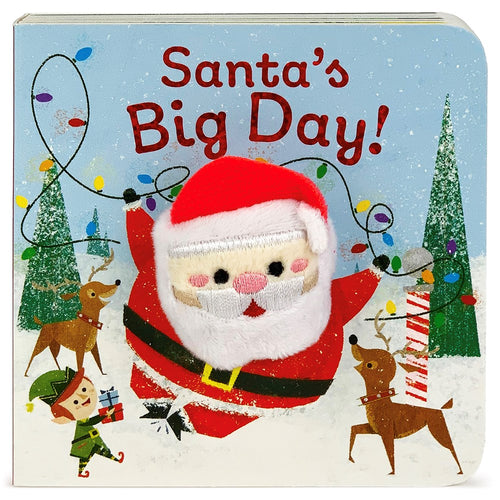 The cover of "Santa's Big Day," a Finger Puppet Book by Holly Berry-Byrd, depicts Santa Claus holding Christmas lights amidst reindeer and an elf in a snowy landscape adorned with pine trees.