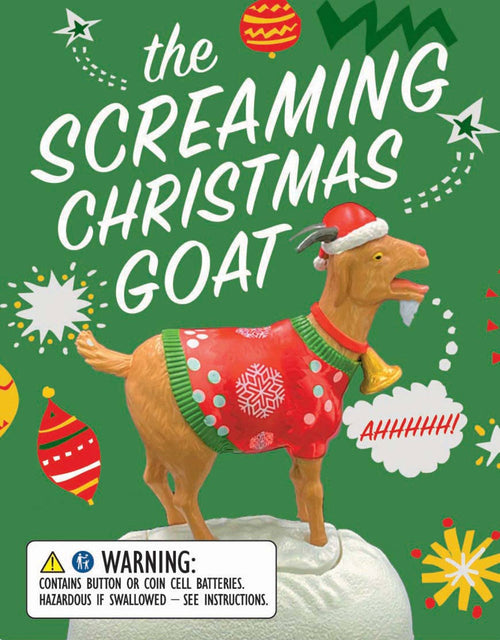 A toy goat known as the Screaming Christmas Goat is dressed in a Santa hat and sweater, making it a perfect holiday gag gift. The product comes with a safety warning about button cell batteries and features a festive green background.