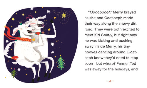 Two goats, adorned with scarves, joyfully prance through a snowy night landscape filled with stars, as if reenacting a whimsical nativity tale straight out of the "Book: Screaming Christmas Goat.