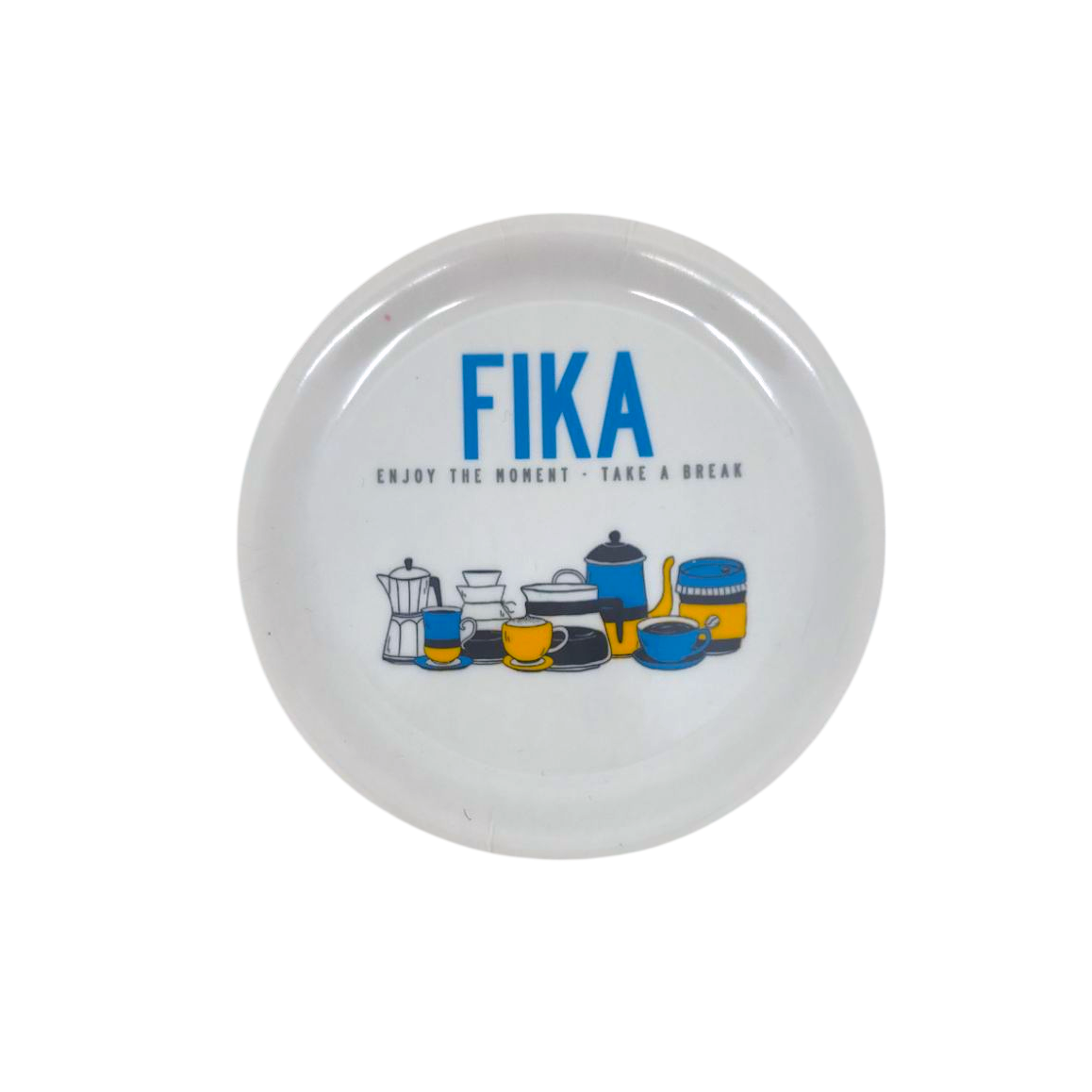 The Fika Retro Coaster showcases charming illustrations of kitchenware in blue, yellow, and black with the FIKA text, inviting you to Enjoy the moment. Take a break.