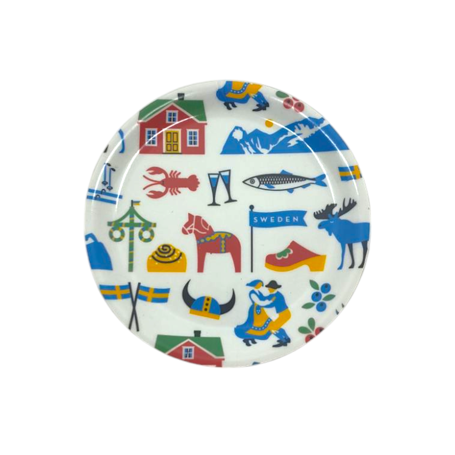 The Sweden Traditions Coaster features colorful Swedish-themed illustrations such as a moose, lobster, flag, mountains, and traditional attire. Made in Sweden, it embodies the essence of Swedish traditions and is dishwasher safe for easy cleaning.