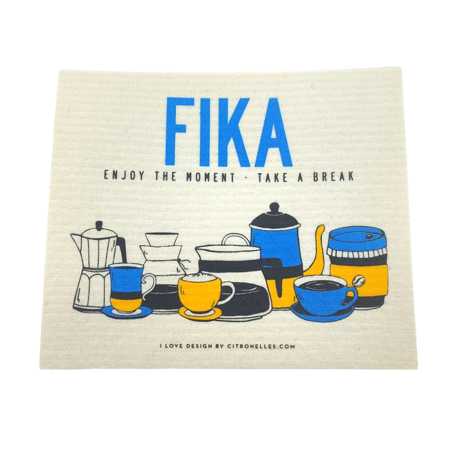 The Swedish Dish Cloth: Fika Retro Dish Cloth features various coffee and tea-making items with FIKA above in a retro design and Enjoy the moment - take a break below, ideal for an eco-friendly dish towel.