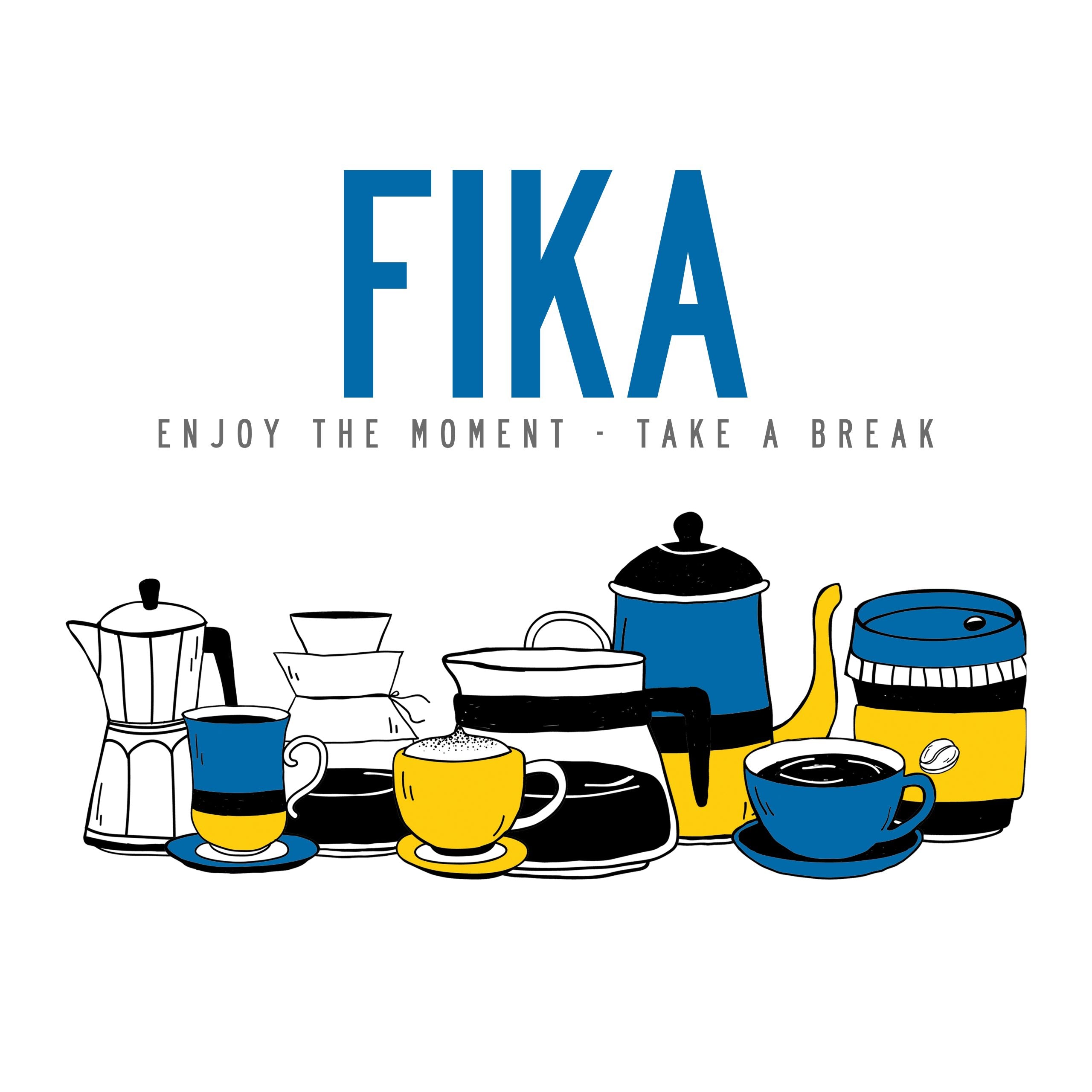 The Fika Retro Napkins (25 Pack) feature illustrated coffee and tea sets beneath FIKA, with the phrase Enjoy the moment - Take a break. They boast a blue, yellow, and black design on a crisp white background reminiscent of retro aesthetics.