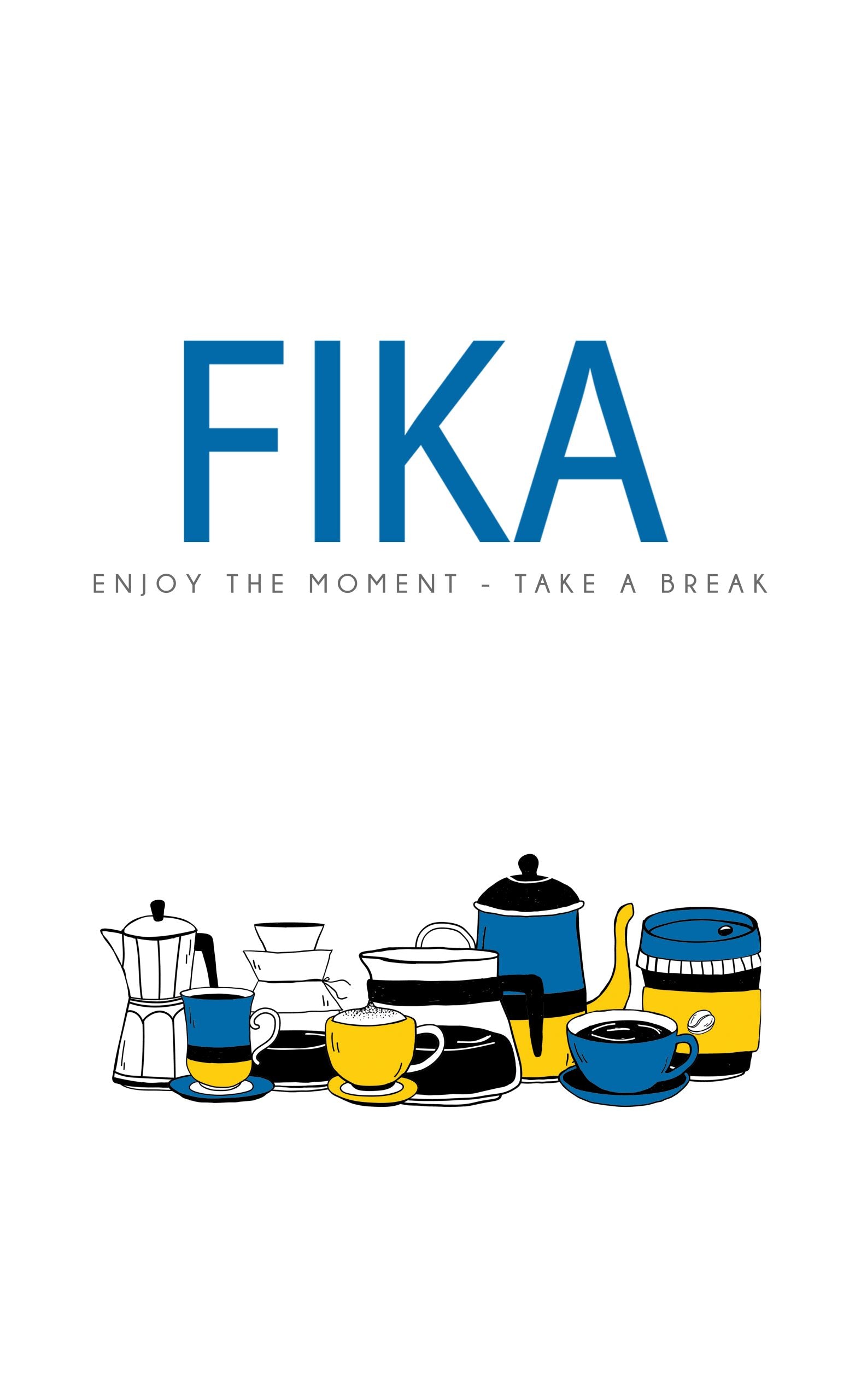 Illustration of Swedish coffee and tea sets in black, blue, and yellow with FIKA: Enjoy the Moment - Take a Break on a white background. The Tea Towel: Fika Retro Tea Towel is perfect for adding charm to your kitchen or tea towel collection.