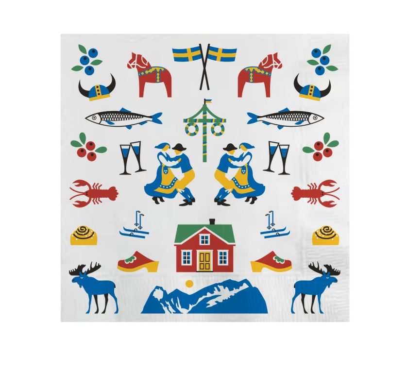 The Sweden Traditions Napkins feature an eco-labeled colorful Scandinavian design with dancing figures, moose, fish, lobsters, Swedish flags, and a red house arranged symmetrically on a crisp white background.